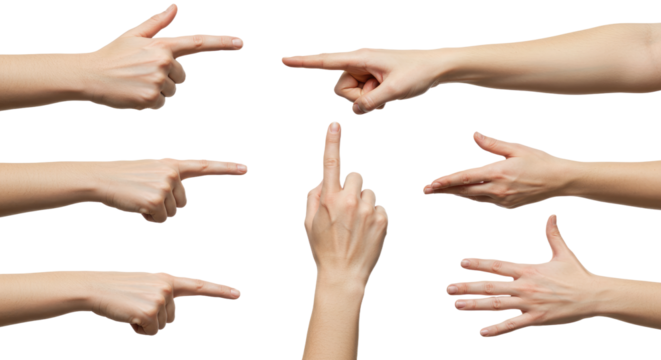 Diverse Female Hands Gesturing Pointing Indicating and Open Palm.