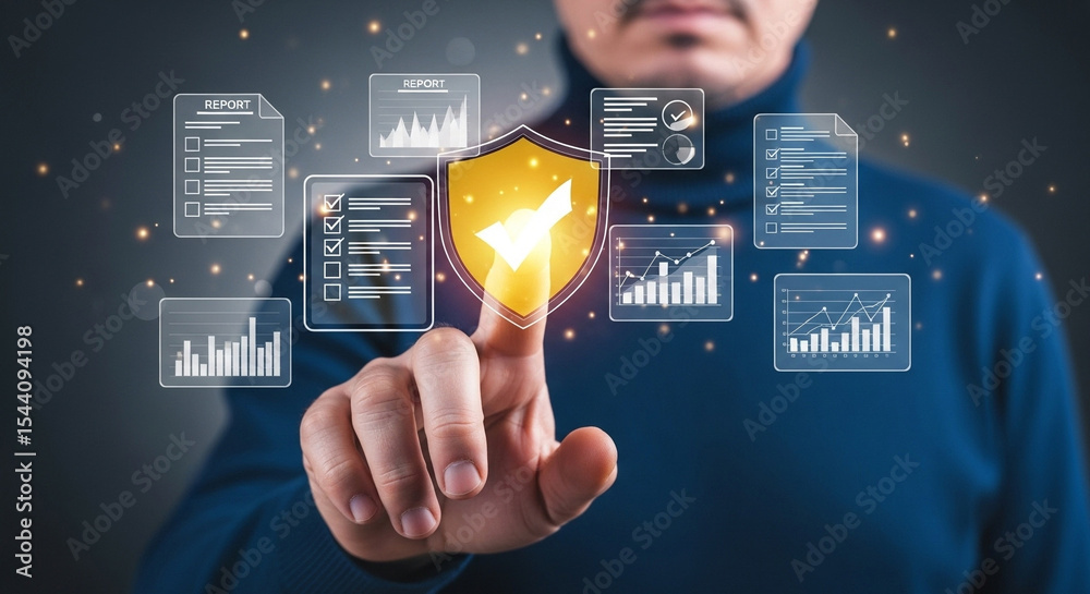 Poster Man touching digital shield surrounded by reports and charts on a dark blue background