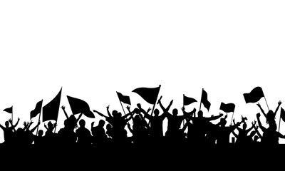 Silhouette of a crowd of supporters with flags and cheers on white background. fun and revelry. many people.