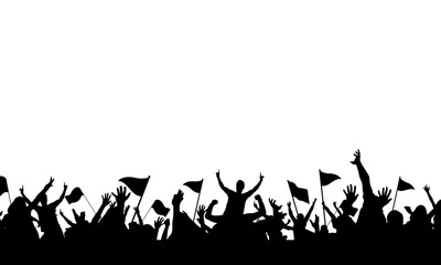 Silhouette of a crowd of supporters with flags and cheers on white background. crowd and togetherness. fun and party.