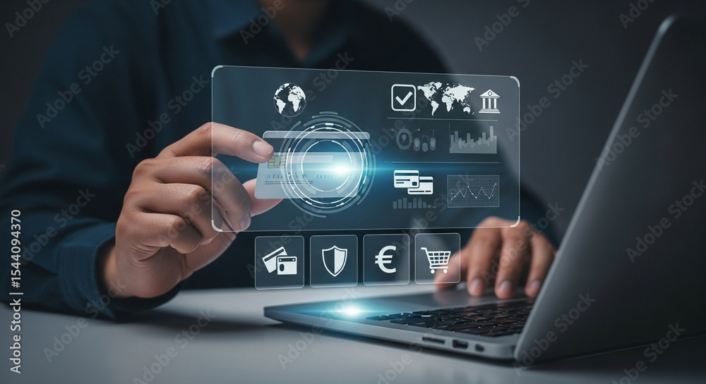 Poster Man using laptop and credit card with digital interface for online banking and secure transactions