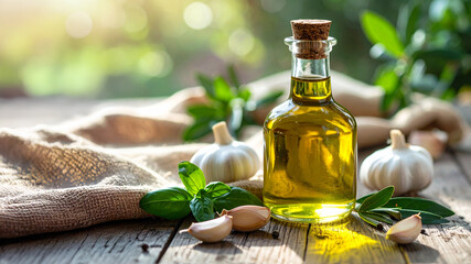 Golden Olive Oil Still Life with Herbs and Garlic