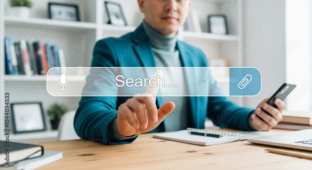 Poster Man using search bar on screen with phone in hand in office setting with books and laptop on desk