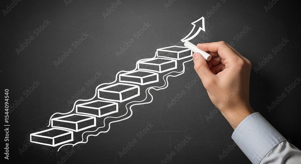Poster Hand drawing steps with chalk on blackboard leading to arrow pointing upward symbolizing progress