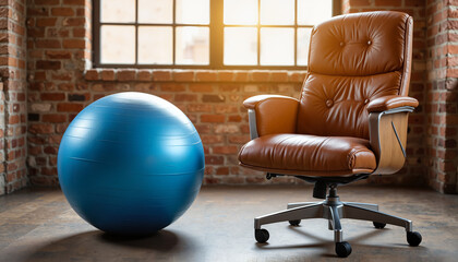 Brown office chair next to blue exercise ball in spacious workspace  