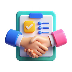 3d cartoon hands shaking on checklist agreement isolated on transparent background