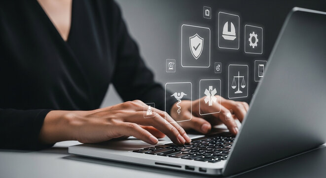 Person typing on laptop with floating icons representing various professional services displayed above - Powered by Adobe