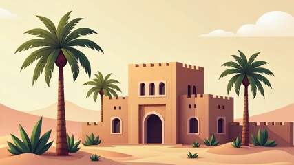 Fototapeta premium Arabic traditional house architecture with palm tree and arch window geometric ornament vector flat 