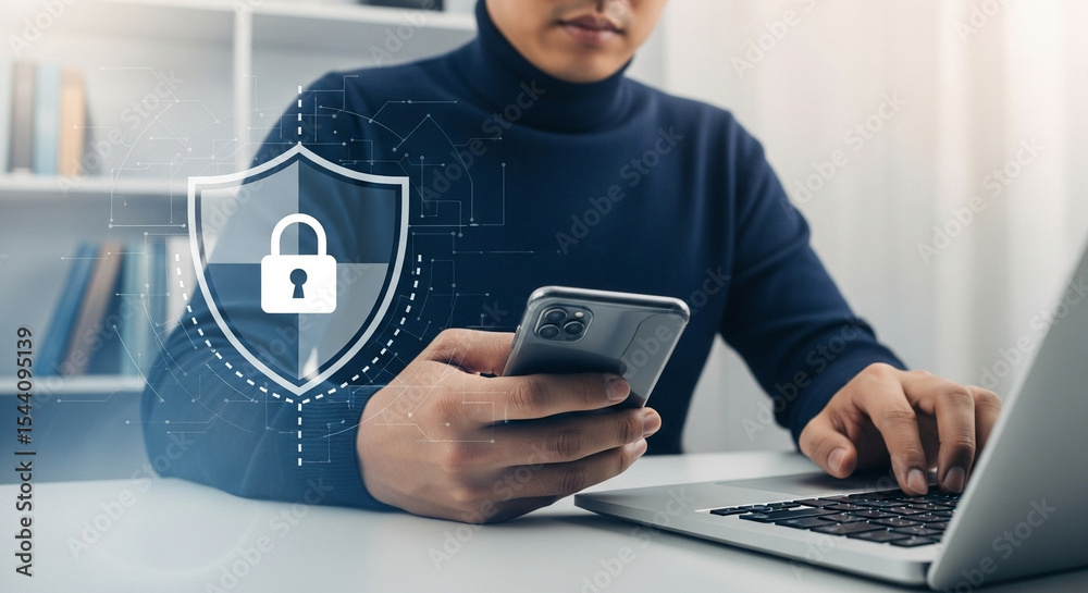 Poster person in turtleneck using laptop and holding phone with digital security shield overlayed on image
