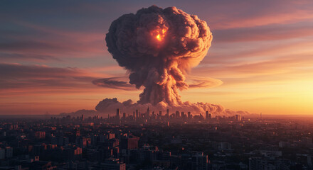 Dramatic Atomic Bomb Mushroom Cloud Rising Over a City Landscape at Sunset
