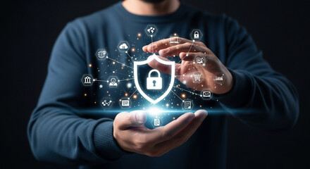 Man holding a glowing shield with a padlock surrounded by icons representing data protection