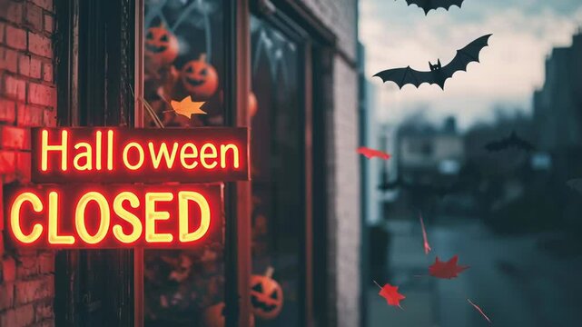 Halloween Closed Sign with Bats and Autumn Leaves Creates Spooky Atmosphere in Fall Season