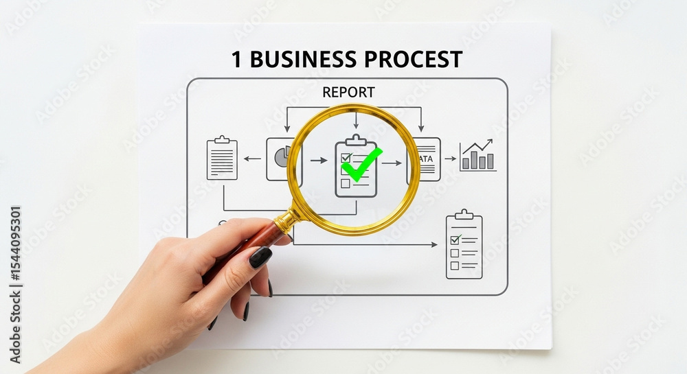 Poster Hand holding a magnifying glass over a business process report with a green checkmark on a document