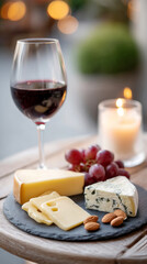 Cheese plate with red wine on a cozy bistro table for relaxation or dining experience