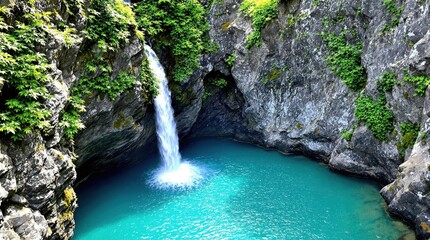 Waterfall plunging into vibrant turquoise pool surrounded by rocky cliffs and verdant trees