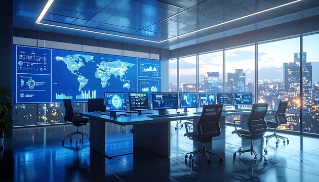 Modern control room features a world map display, multiple monitors, and a cityscape at night.