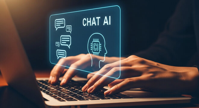 Person typing on laptop with chat ai interface overlay showing speech bubbles and head outline design