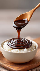Jajangmyeon sauce swirled over steamed rice with wooden spoon - asian cuisine concept