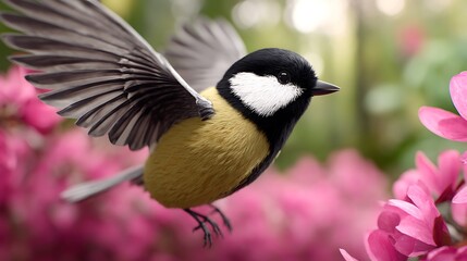 Obraz premium Charming Bird in Flight Amidst Vibrant Pink Flowers in Nature