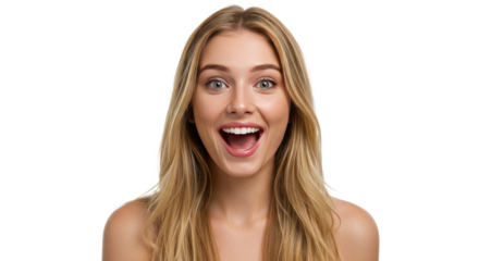 Excited Blonde Woman with Open Mouth on White Background.