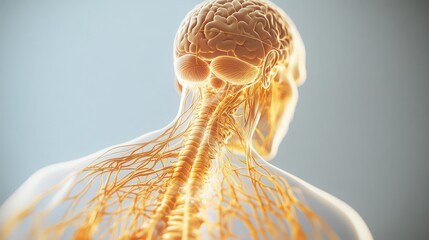 A detailed illustration of the human nervous system, showcasing the brain, spinal cord, and peripheral nerves with clear labeling