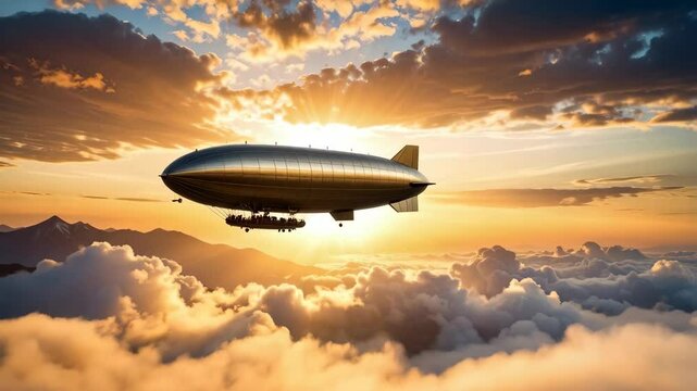 Large zeppelin flying over clouds and mountains at sunrise or sunset with golden light creating a fantasy scenery.