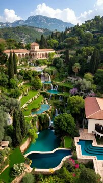 Aerial view of a palatial estate with tiered turquoise pools, lush gardens, cascading waterfalls, rolling green hills, and mountain vista on the horizon.