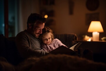 A father tenderly reads a bedtime story to his young daughter in a dimly lit room creating a heartwarming family scene.