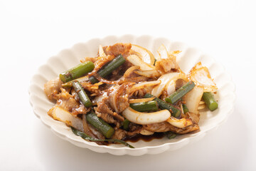 豚肉とにんにくの芽と玉葱炒め