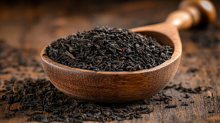 Close-up of rich black tea leaves in a wooden scoop on a dark background. Rustic natural texture and warm tones highlight the quality and freshness of premium loose leaf tea. Space for caption on side