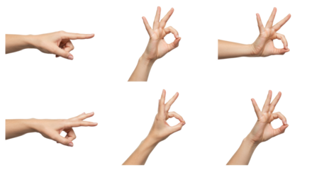 Hand Gestures Pointing OK Sign and Three Fingers Up on White Background.