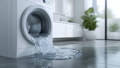 Washing machine overflowing with water in modern bathroom. Leaking appliance with splashes. Flood, water damage, household problem