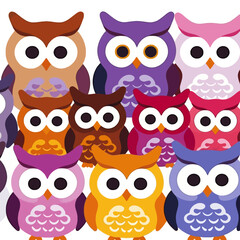 Fototapeta premium Colorful Cartoon Owl Illustration - Cute and Whimsical Owl Artwork for Kids - Adorable Owl Designs in Brown Purple Pink Red Yellow and Blue - Vector Owl Graphics