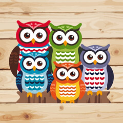 Fototapeta premium Colorful Cartoon Owls- Cute Owl Family Illustration- Woodland Creature Design- Perfect for Kids- Animal Art Print- Whimsical Owl Decor- Nursery Wall Art