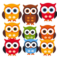 Fototapeta premium Colorful Cartoon Owls Illustration- Cute Owls Vector Graphic- Fun and Whimsical Owl Design- Perfect for Kids- Owl Clip Art- Ideal for Crafts and Educational Materials