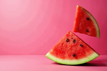 Juicy watermelon slices fanned on vibrant pink backdrop, juicy, bright, nature