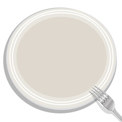 Large white round empty plate with stainless steel fork. Vector illustration of kitchen utensils. View from above.