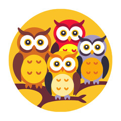 Fototapeta premium Colorful Cartoon Owls on a Branch - Whimsical Owl Illustration for Kids - Cute Owl Family Graphic for Nursery Decor - Educational Owl Art Print
