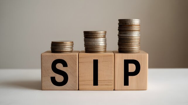 SIP Systematic Investment Plan Concept With Growing Coin Stacks On Wooden Blocks Representing Wealth Finance Savings And Money Growth

