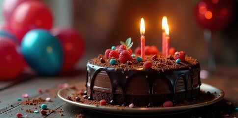 Rich chocolate cake, glowing candles, helium balloons , event, joy, confectionery