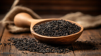 Close-up of rich black tea leaves in a wooden scoop on a dark background. Rustic natural texture and warm tones highlight the quality and freshness of premium loose leaf tea. Space for caption on side