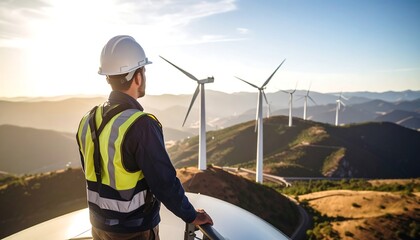 A wind turbine technician surveys a field of renewable energy windmills against a mountain backdrop.