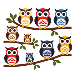 Obraz premium Colorful Owls on Branches Illustration-Cute Cartoon Owls Design-Owl Clipart for Kids-Vector Graphic of Owls in Trees-Bright and Cheerful Owl Art