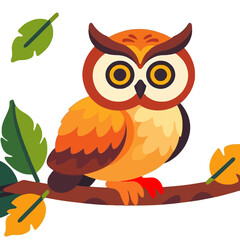 Naklejka premium Cute Cartoon Owl Illustration-Autumn Leaves and Branch-Colorful Owl Design for Kids-Nature and Wildlife Art-Owl Vector Image for Educational Projects