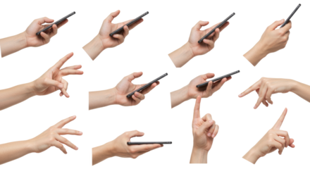 Hands Holding Smartphones in Various Gestures Isolated on White.