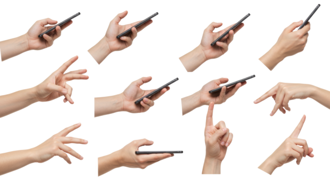 Hands Holding Smartphones in Various Gestures Isolated on White.
