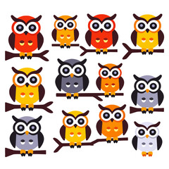 Obraz premium Cute Cartoon Owl Vector Illustration-Colorful Owls Sitting on Branches-Whimsical Owl Design for Kids and Decorations-Owl Art Print-Nursery Decor Idea