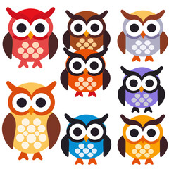 Fototapeta premium Cute Cartoon Owls Illustration- Colorful Owls with Big Eyes- Fun Owl Clipart Collection- Adorable Owl Characters for Kids- Whimsical Owl Designs for Crafts