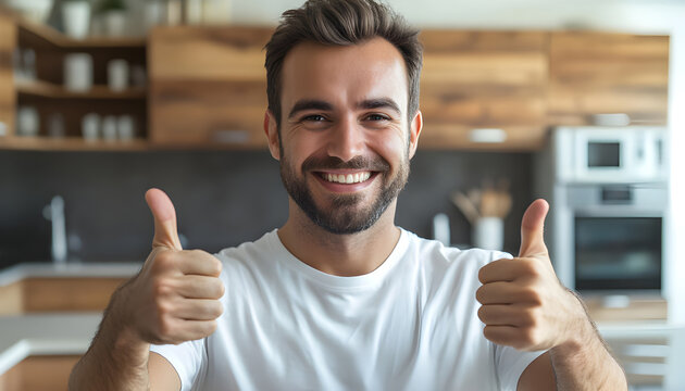 Portrait of smiling man in his 30s showing thumbs up. Modern minimalist interior with wooden wall. Expression of positive emotion