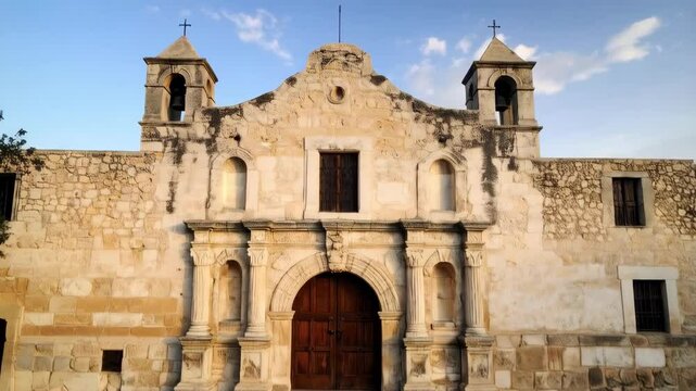 Rustic stone Catholic mission facade architecture with wooden door and tower bell on blue sky landscape for faith and belief